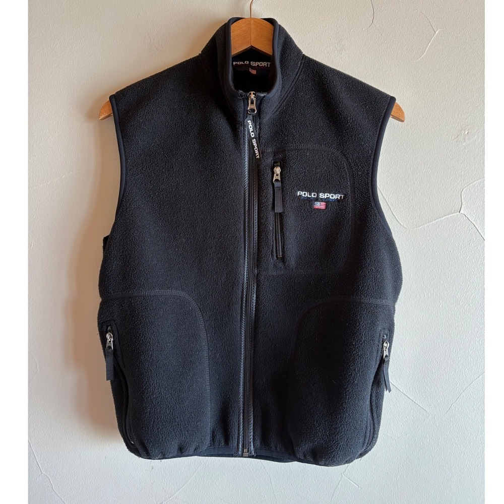 Vintage Polo Sport Ralph Lauren Black Fleece Vest Mens Small Made in USA Zip